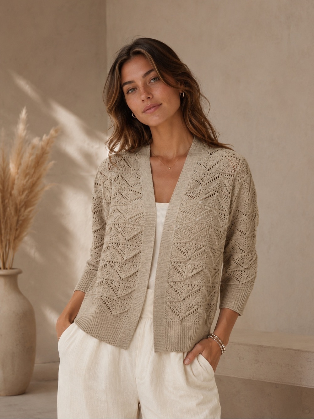 Cyrus Taupe 3/4 Sleeve Open Cardigan Lightweight Sweater with Cutout Design - L